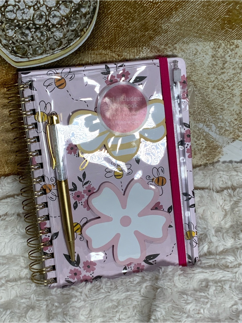 Floral Bee Spiral Notebook with Pen - Pink